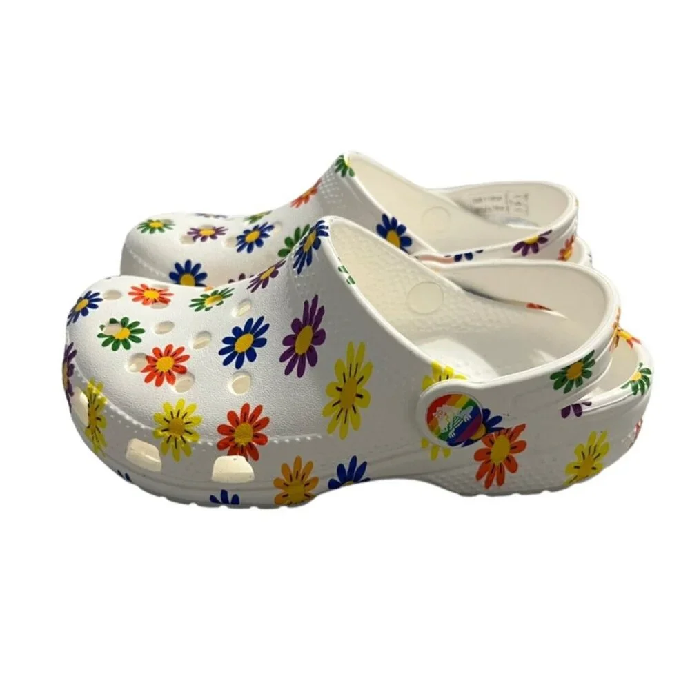 NEW Crocs C12 White Daisy Rainbow Clogs Sandals